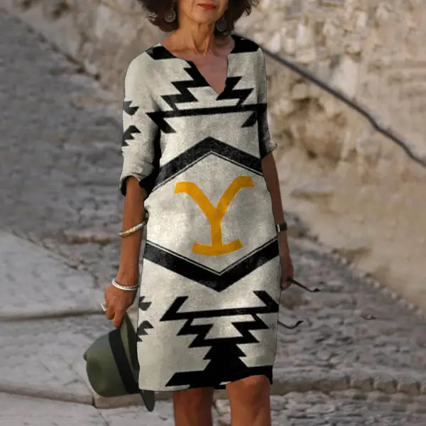 Women's Vintage Yellowstone Aztec Print Five-Sleeve V-Neck Dress - Anurvogel.com 