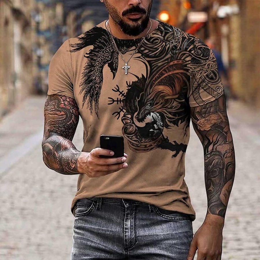 

Men's Vintage Animal Totem Short Sleeve Color Block Crew Neck T-Shirt