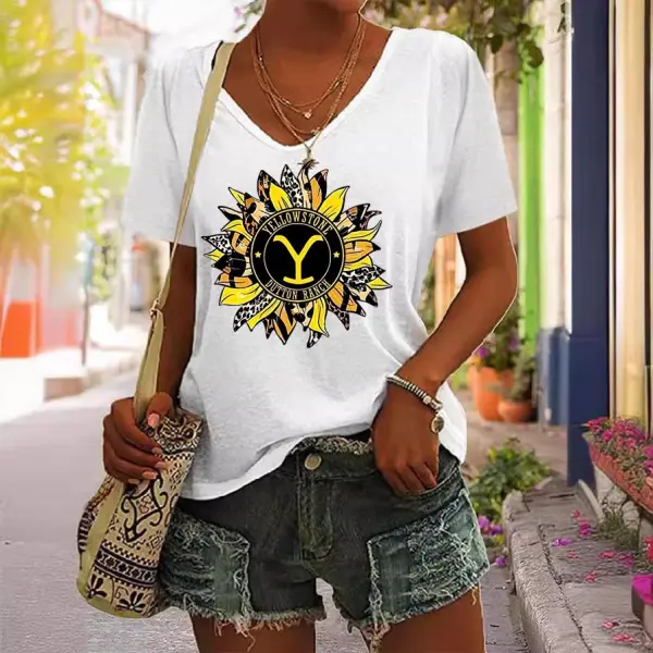 Women's Yellowstone Dutton Ranch Sunflower Print Short Sleeve V-Neck Casual T-Shirt - Anurvogel.com 