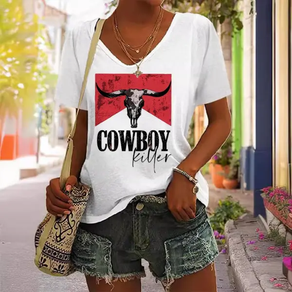 Women's Western Cowboy Killer Print Short Sleeve V-Neck Casual T-Shirt - Elementnice.com 