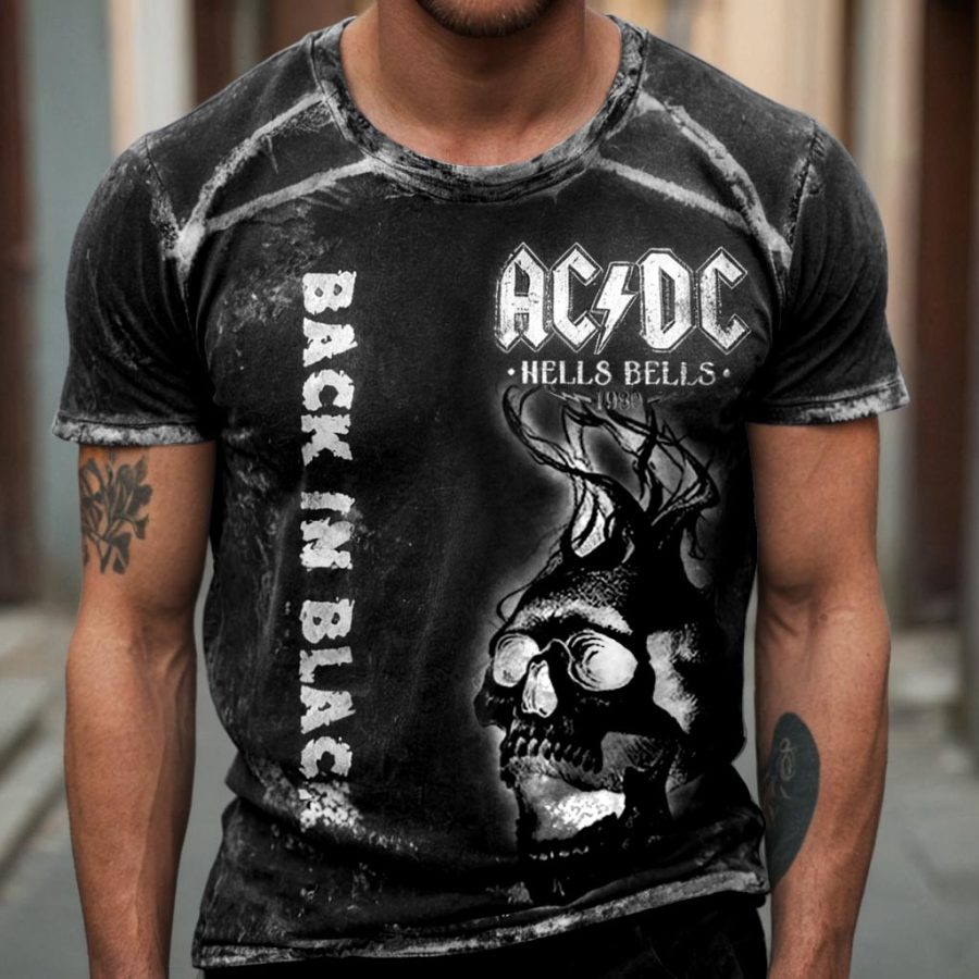 

Men's Vintage ACDC Rock Band Skull Print Short Sleeve Round Neck T-Shirt