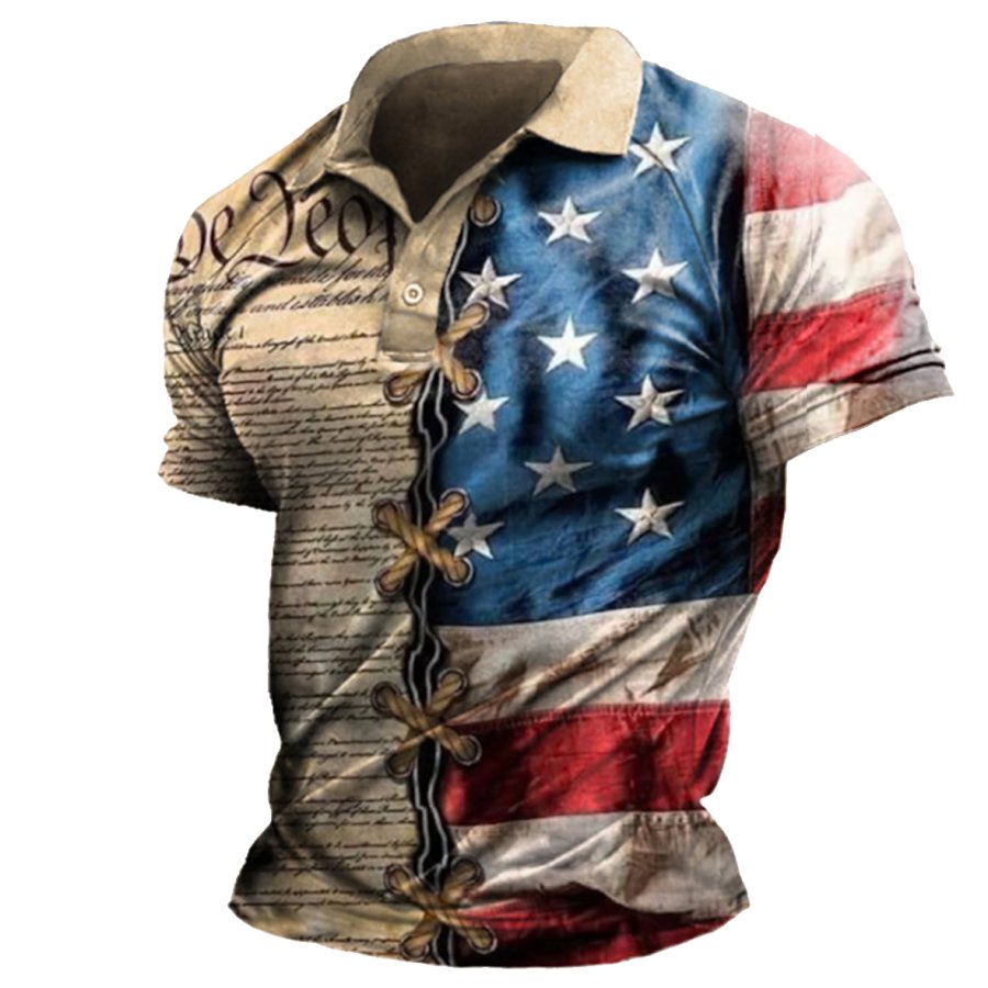 

Men's T-Shirt Vintage American Flag Short Sleeve Summer Daily Polo Neck Tops