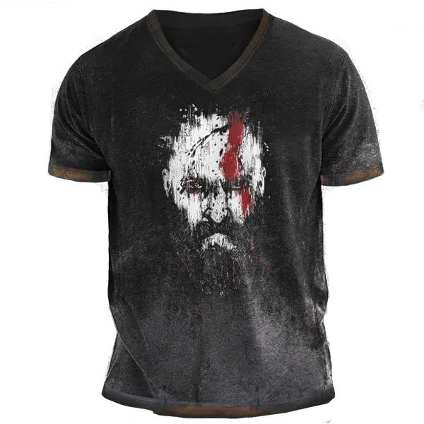 Men's GOD OF WAR Print Daily Short Sleeve V Neck T-Shirt - Wayrates.com 