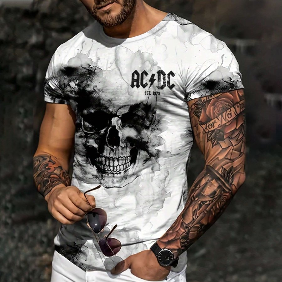 

Men's Vintage ACDC Rock Band Skull Print Daily Short Sleeve Crew Neck T-Shirt