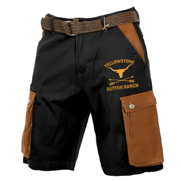 Men's Cargo Shorts Vintage Yellowstone Print Pocket Color Block Outdoor Shorts - Dozenlive.com 