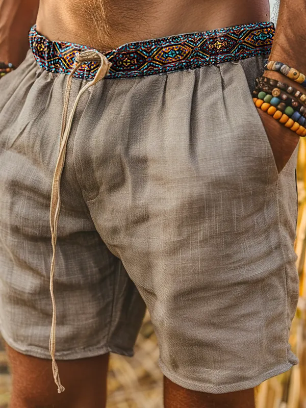 Men's Vintage Indian Patterned Cotton And Linen Printed Drawstring Shorts - Menwyx.com 