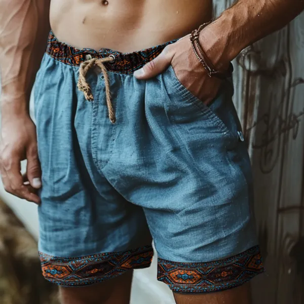 Men's Vintage Indian Patterned Cotton And Linen Printed Drawstring Shorts - Fineyoyo.com 