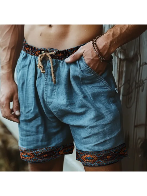 Men's Vintage Indian Patterned Cotton And Linen Printed Drawstring Shorts - Timetomy.com 