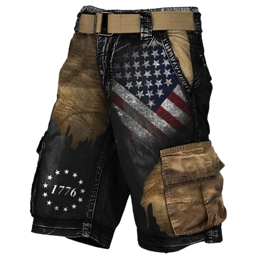 

Men's Vintage American Flag 1776 Patriot Splicing Contrasting Colors Printed Cargo Shorts