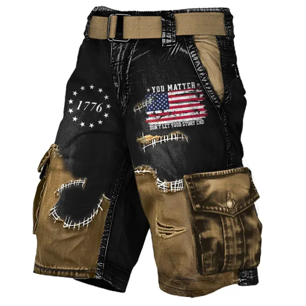 Men's Vintage American Flag 1776 Patriot Splicing Contrasting Colors Printed Cargo Shorts - Cotosen.com