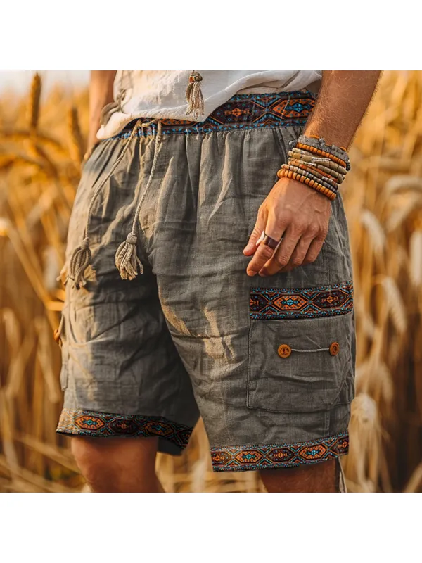 Men's Vintage Indian Patterned Cotton And Linen Printed Drawstring Shorts - Anrider.com 