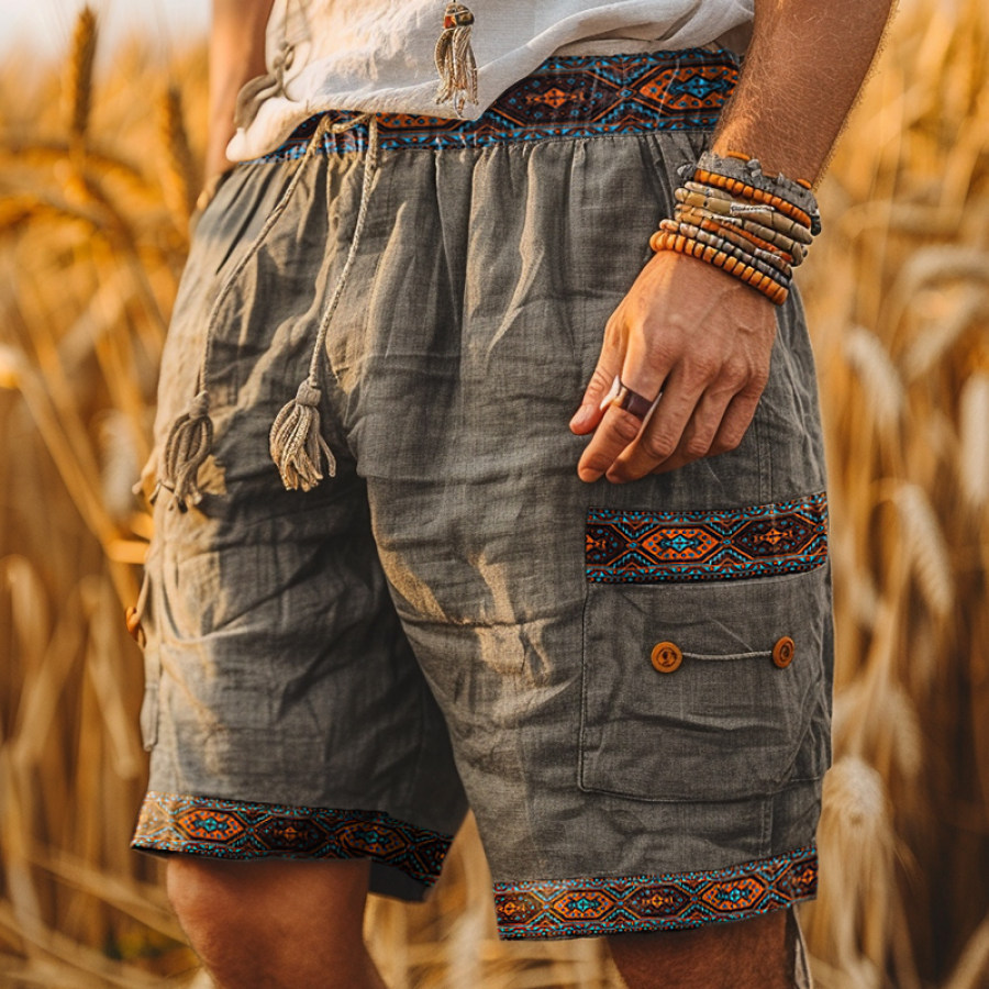 

Men's Vintage Indian Patterned Cotton And Linen Printed Drawstring Shorts