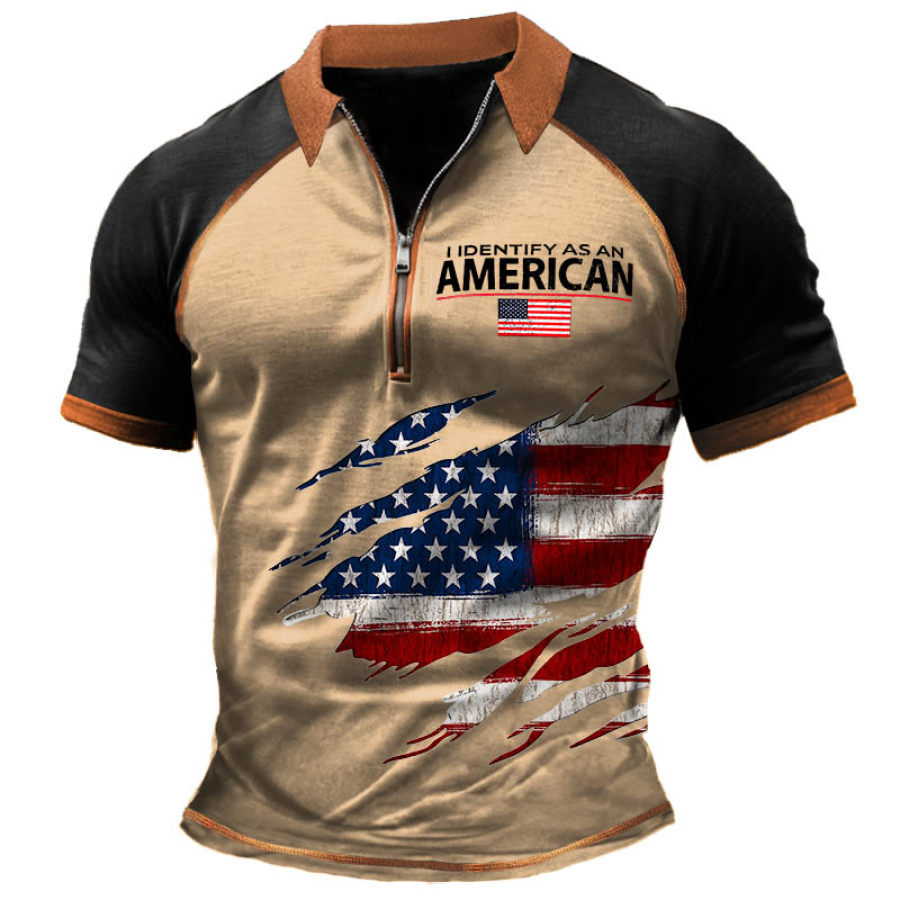 

Men's Vintage I Identify As An American Independence Day Color Block Short Sleeve Zipper Polo T-Shirt