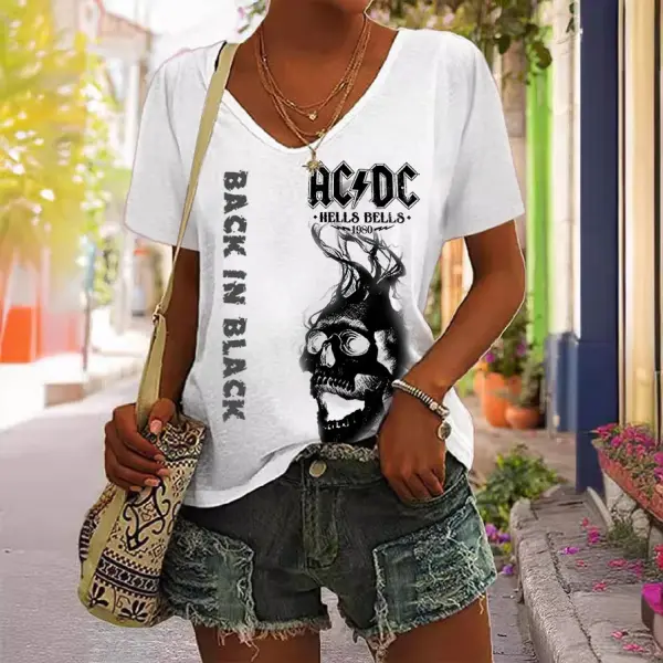 Women's Rock Band Hells Bells Skull Print Short Sleeve V-Neck Casual T-Shirt - Dozenlive.com 