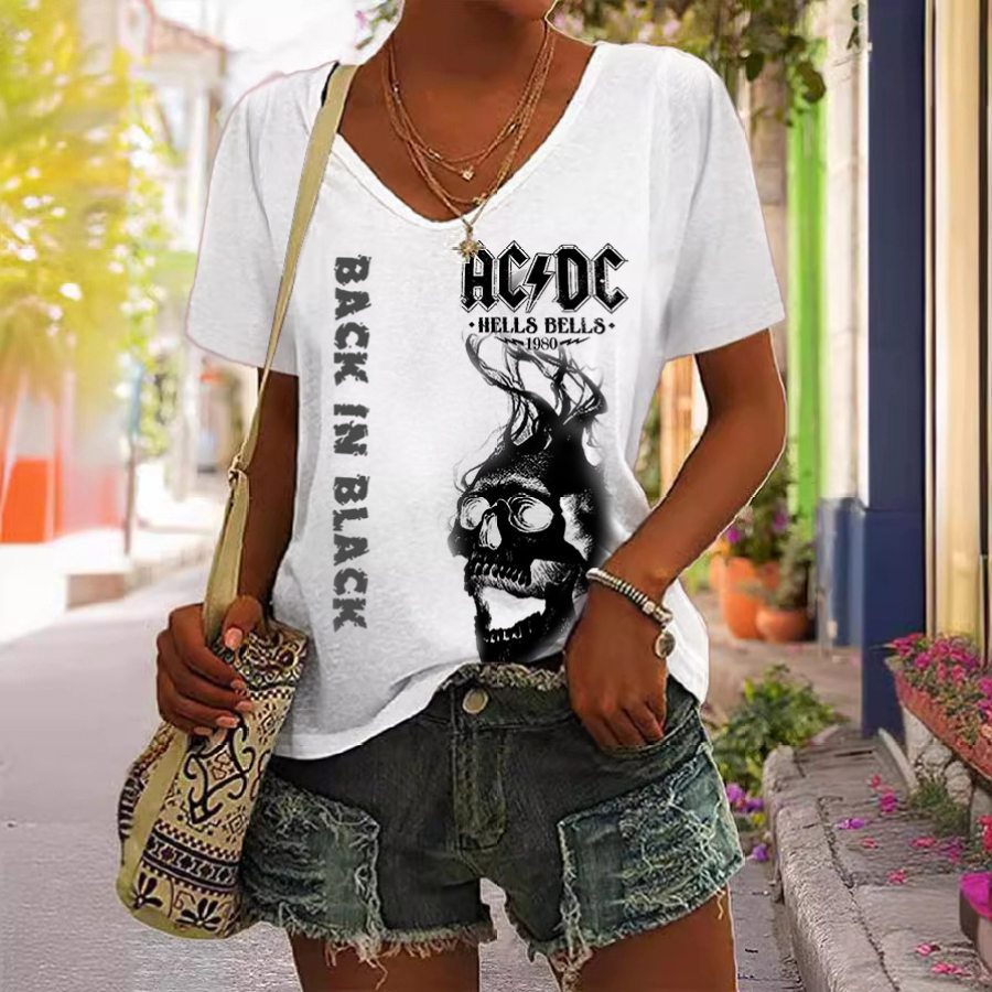 

Women's ACDC Rock Band Hells Bells Skull Print Short Sleeve V-Neck Casual T-Shirt
