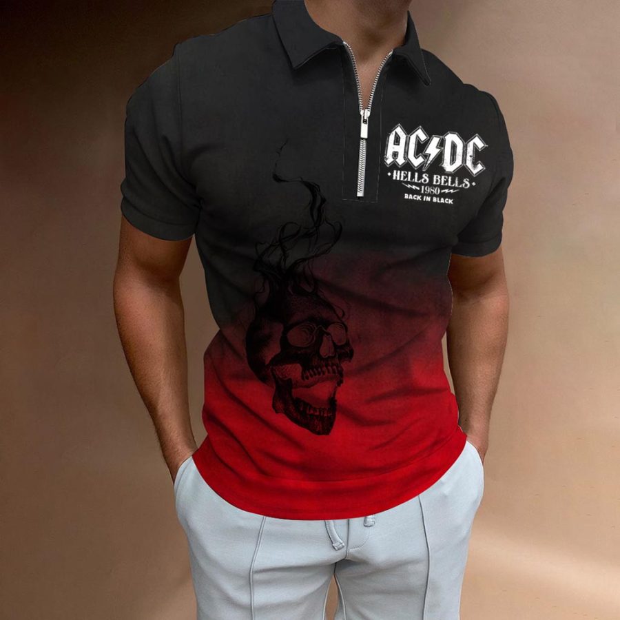 

Men's T-Shirt Zipper Polo ACDC Rock Band Skull Gradient Print Outdoor Summer Daily Short Sleeve Tops
