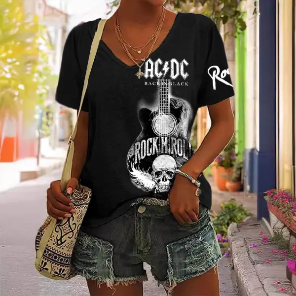 Women's Rock Band Guitar Skull Print Short Sleeve V-Neck Casual T-Shirt - Dozenlive.com 