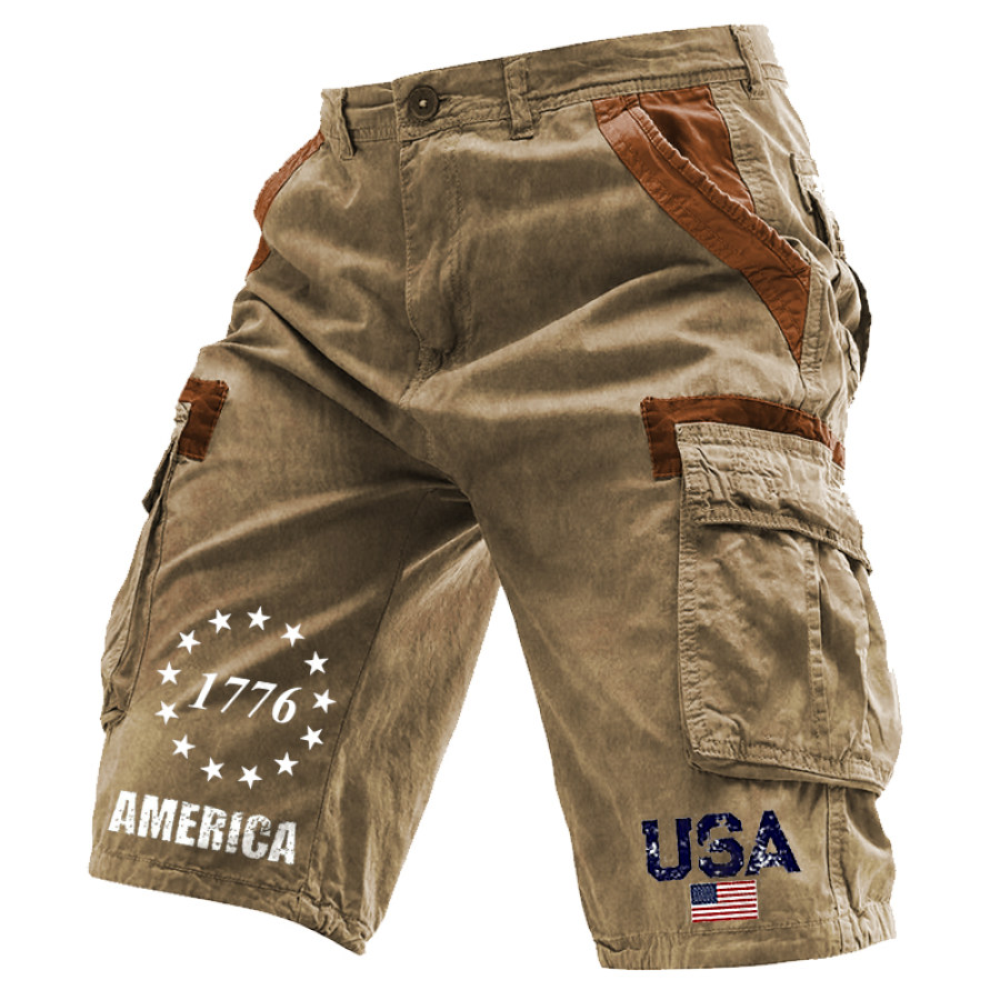 

Men's America Flag 1776 Vintage Collar Panel Contrast Shorts