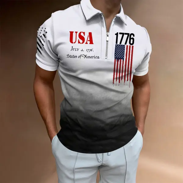 Men's Zipper Polo American Flag 1776 Declaration Of Independence July 4th Gradient Print Short Sleeve T-Shirt - Wayrates.com 