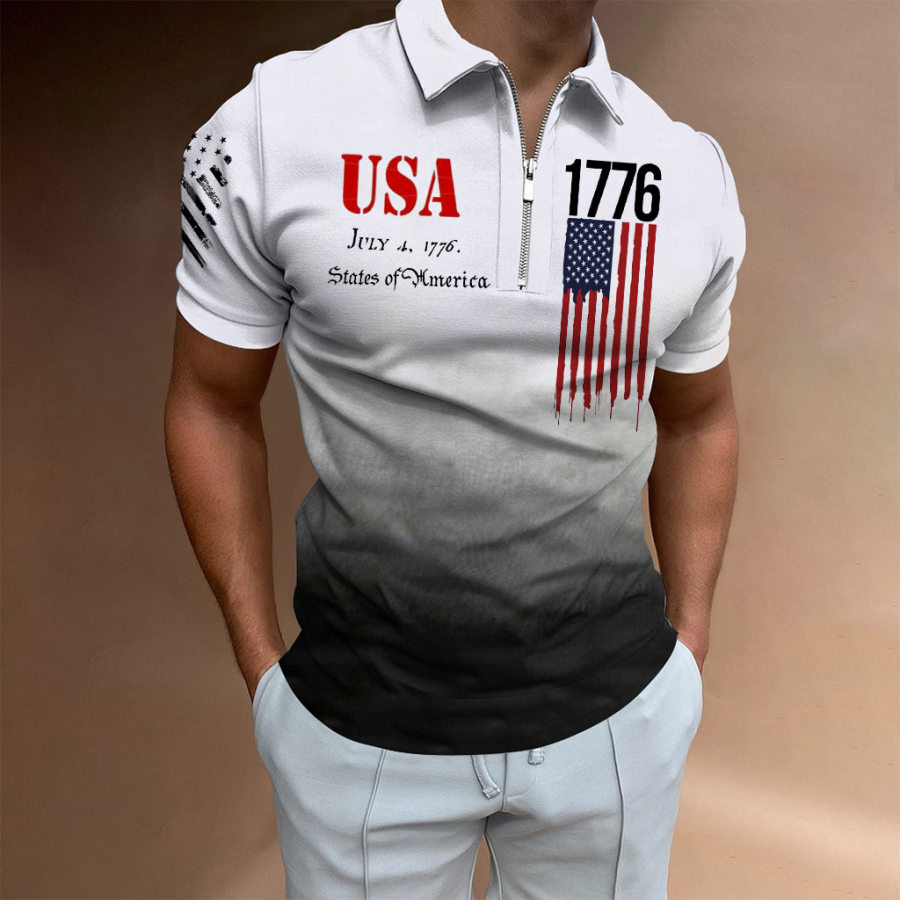 

Men's Zipper Polo American Flag 1776 Declaration Of Independence July 4th Gradient Print Short Sleeve T-Shirt
