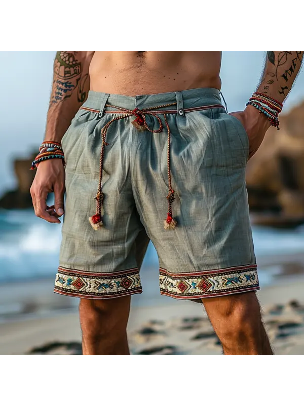 Men's Vintage Surf Ethnic Patterned Cotton And Linen Printed Drawstring Shorts - Timetomy.com 