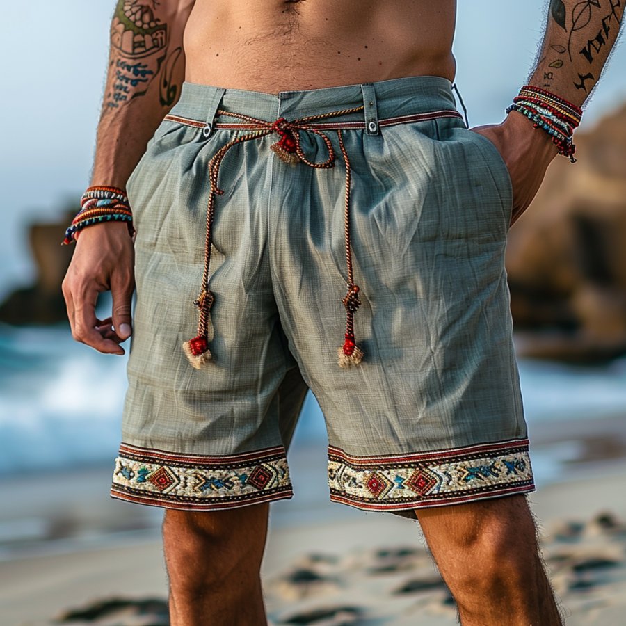 

Men's Vintage Surf Ethnic Patterned Cotton And Linen Printed Drawstring Shorts