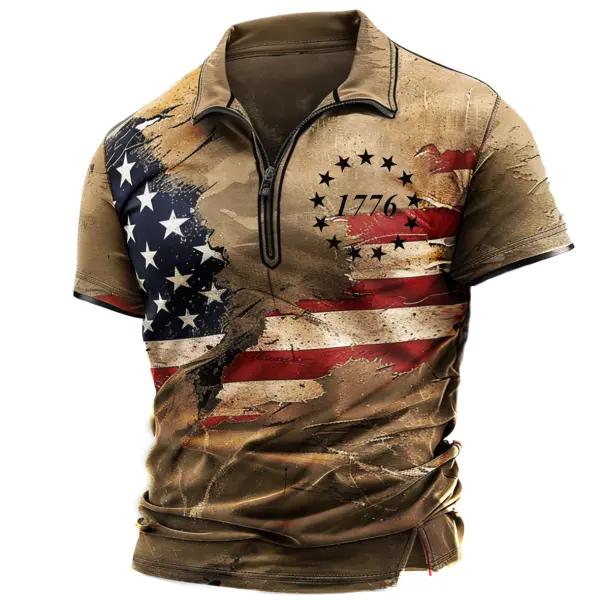 Men's T-Shirt Vintage American Flag Print Short Sleeve Summer Daily Polo Neck Tops - Dozenlive.com 