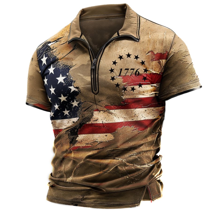 

Men's T-Shirt Vintage American Flag Print Short Sleeve Summer Daily Polo Neck Tops