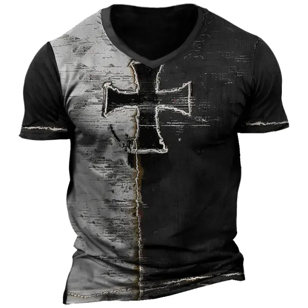 Men's Retro Cross Faith Color Block Print V Neck T-Shirt - Wayrates.com 