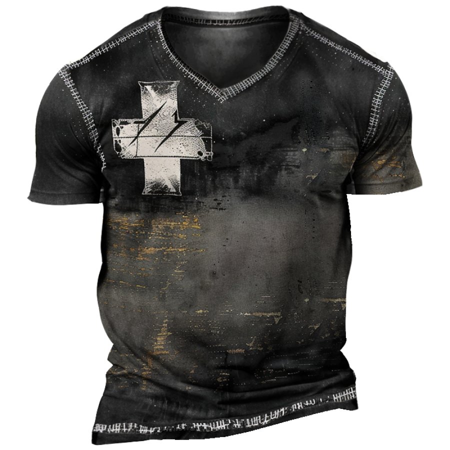 

Men's Retro Cross Faith Color Block Print V Neck T-Shirt