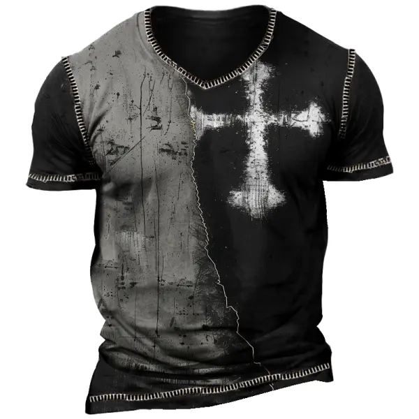 Men's Retro Cross Faith Color Block Print V Neck T-Shirt Only $19.99 - Cotosen.com 