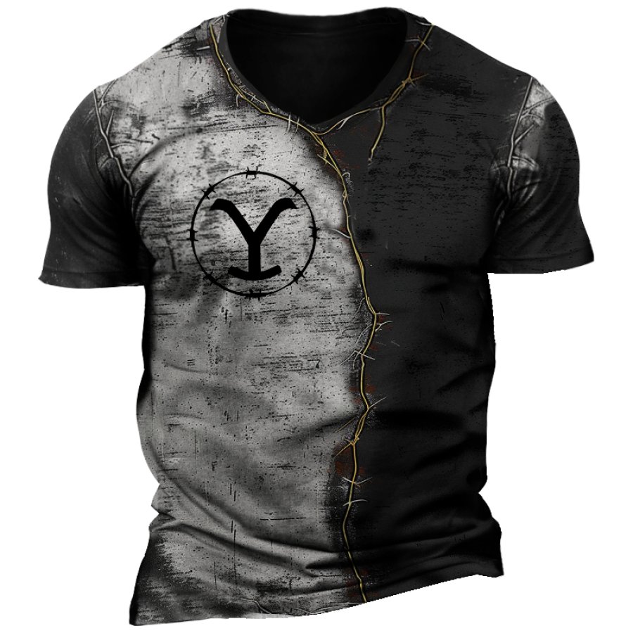 

Men's Retro Yellowstone Color Block Print V Neck T-Shirt