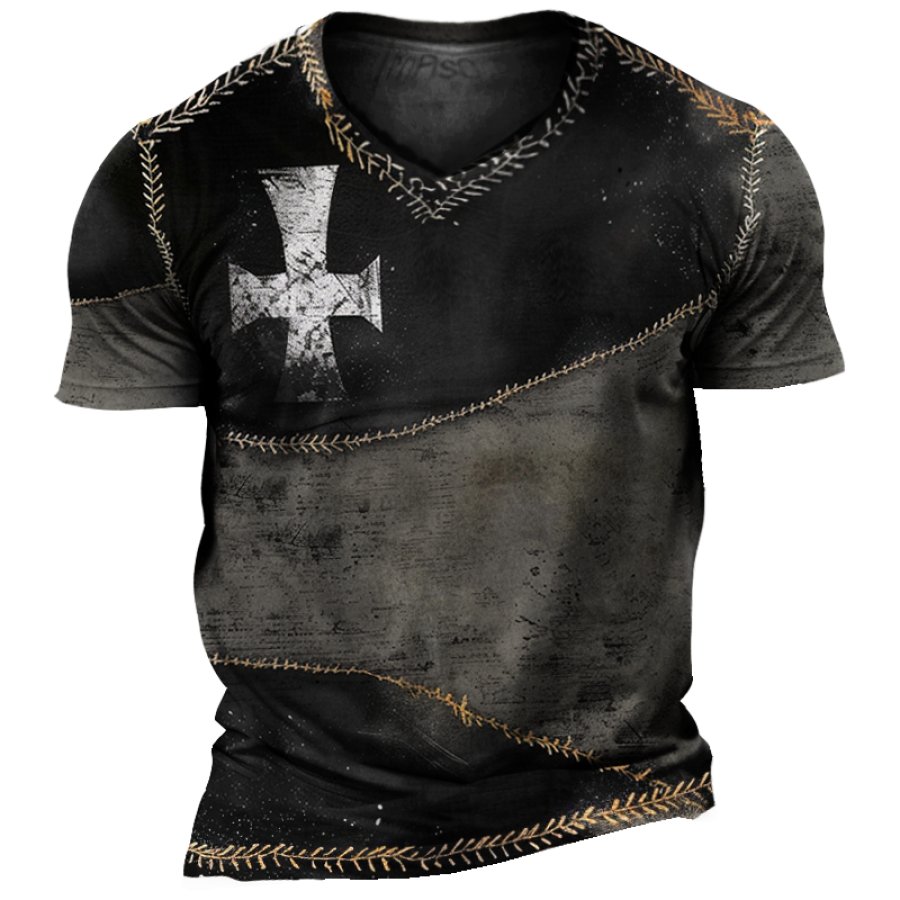 

Men's Retro Cross Faith Color Block Print V Neck T-Shirt