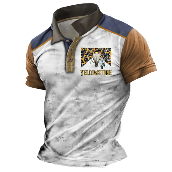 Men's Vintage Western Yellowstone Bull Skull Print Short Sleeve Color Block Polo T-Shirt Only $23.99 - Rabclub.com 