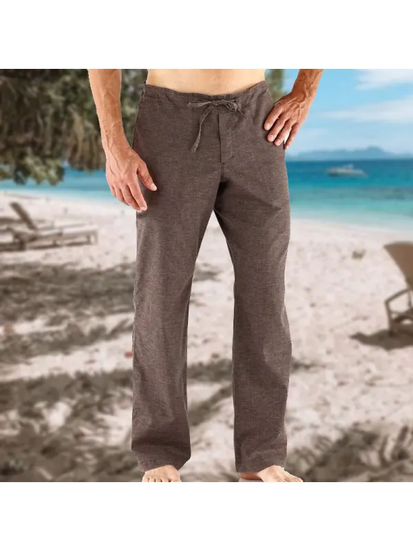 Men's Linen Outdoor Beach Vacation Casual Drawstring Pants - Ininrubyclub.com 