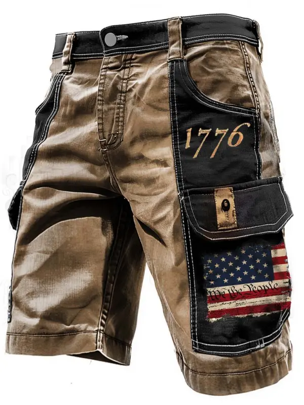 Men's American Flag 1776 Patriotic Independence Day Print Outdoor Tactical Stretch Vintage Contrast Color Pockets Cargo - Menwyx.com 