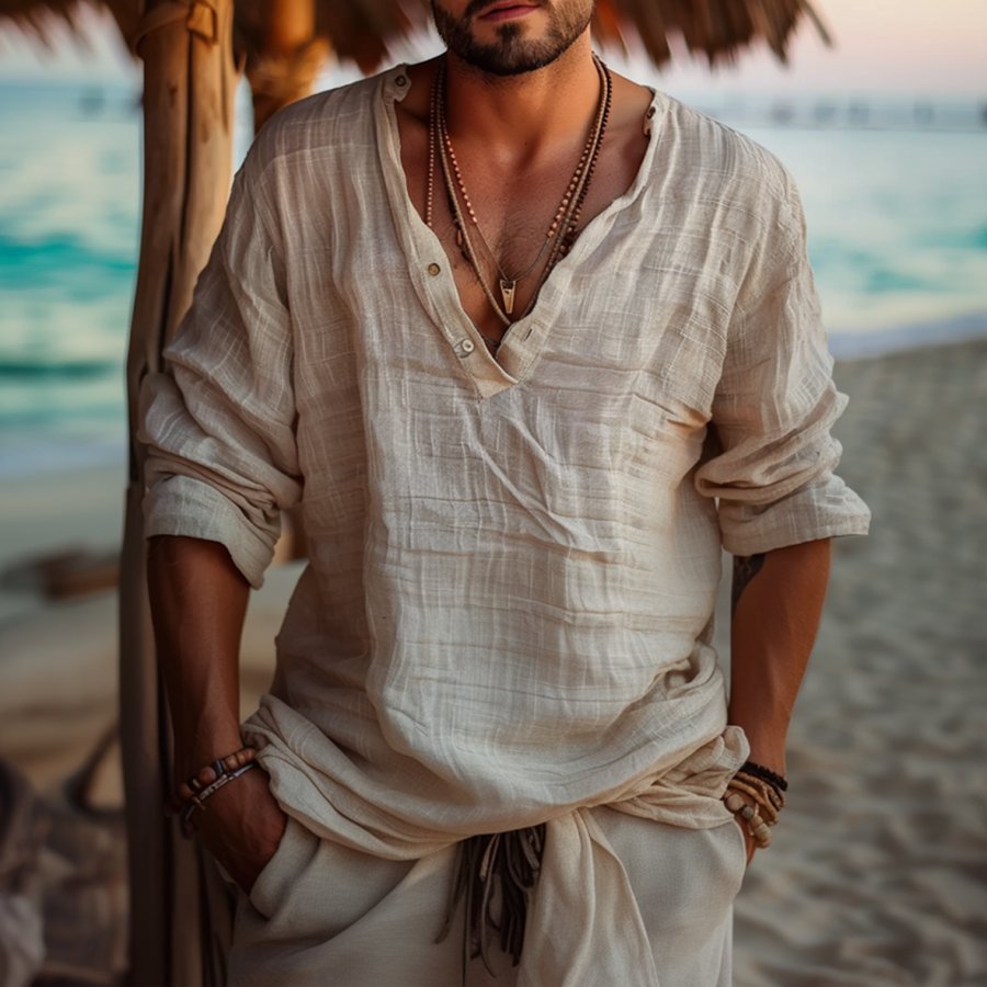 

Men's Casual Linen Simple Beach Vacation Long-Sleeved Deep V-neck Shirt