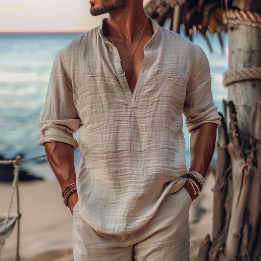 

Men's Casual Linen Simple Beach Vacation Long-Sleeved Deep V-neck Shirt