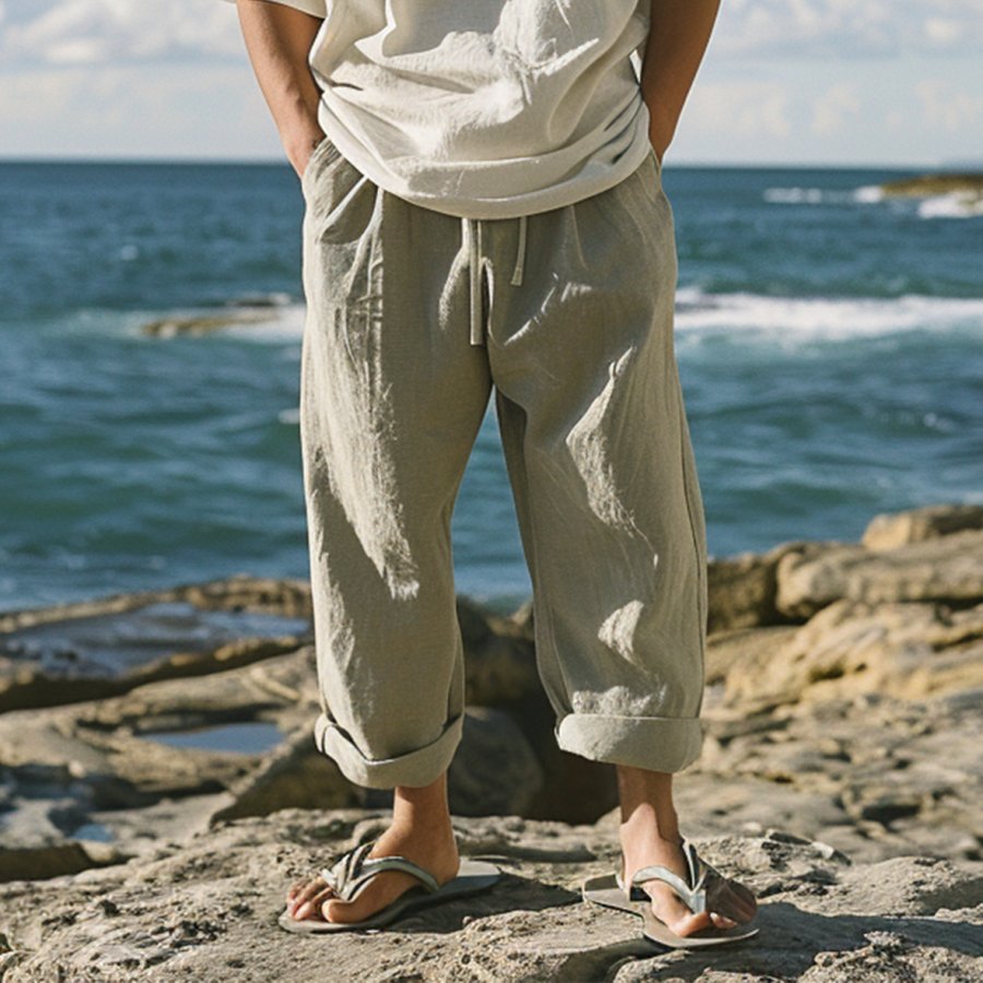 

Mens Beach Loose Drawstring Linen Casual Pants