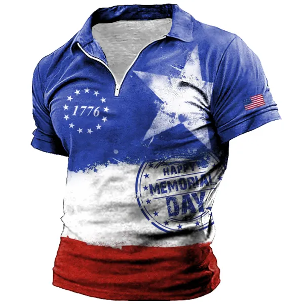 Men's American Flag Independence Day Star Patriot Zipper Print Comfortable And Breathable T-shirt - Dozenlive.com 