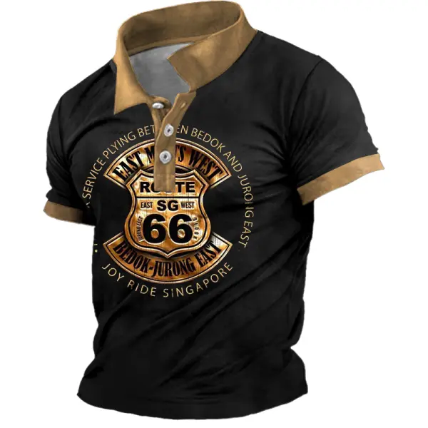 Men's Vintage Route 66 Road Trip Print Color Block Short Sleeve Polo T-Shirt - Wayrates.com 