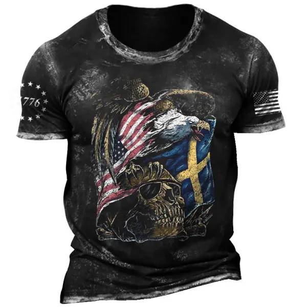 Men's American Flag 1776 Patriotic Skull Eagle Vintage Print T-shirt - Wayrates.com 
