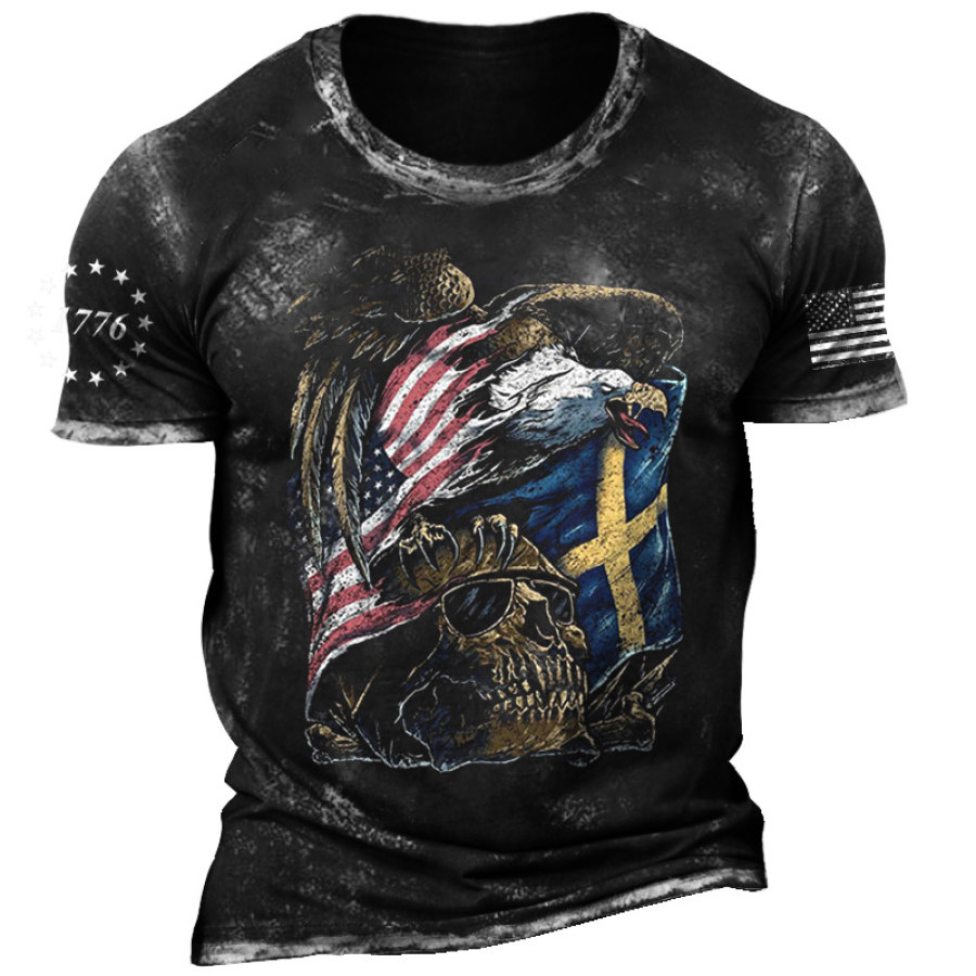 

Men's American Flag 1776 Patriotic Skull Eagle Vintage Print T-shirt