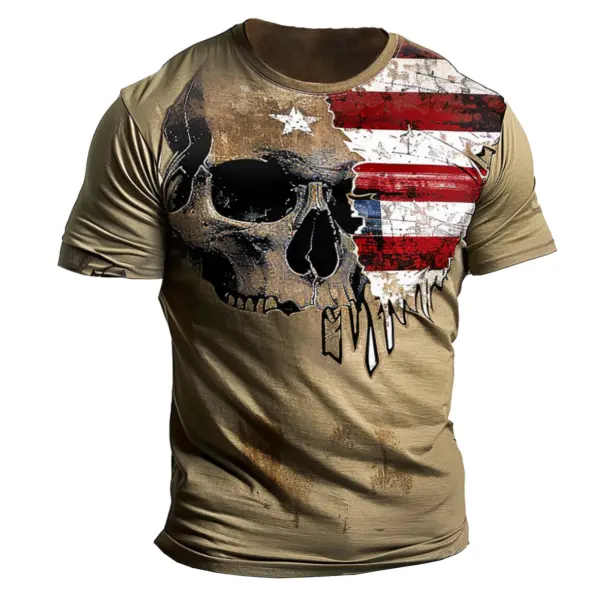 Men's Vintage American Flag Skull Print Short Sleeve Casual T-Shirt - Wayrates.com 