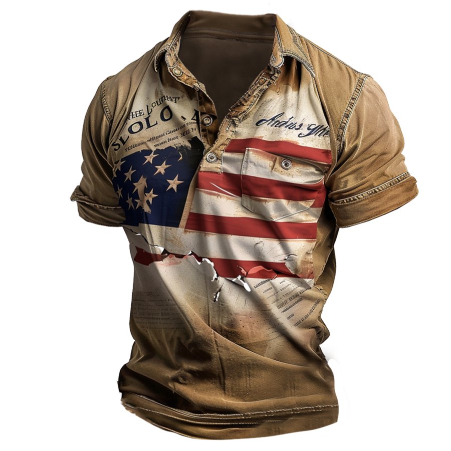 

Men's T-Shirt Vintage American Flag Print Short Sleeve Summer Daily Polo Neck Tops