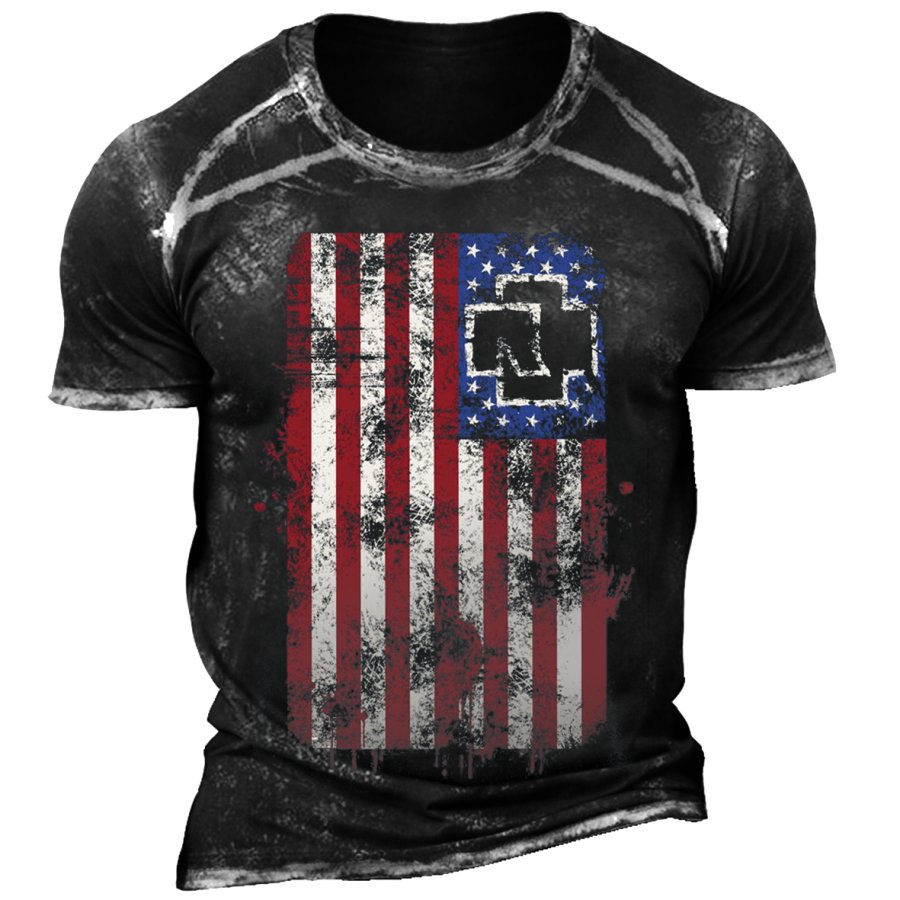 

Men's Vintage American Flag Rammstein Rock Band Print Short Sleeve Casual T-Shirt