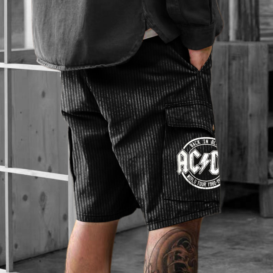 

Men's ACDC Rock Band Corduroy Cargo Shorts Vintage Multi-Pocket Casual Walkshort