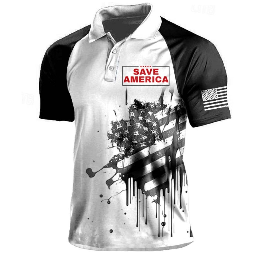 

Men's Vintage Save America Flag July 4th Print Color Block Raglan Sleeve Short Sleeve Polo T-Shirt