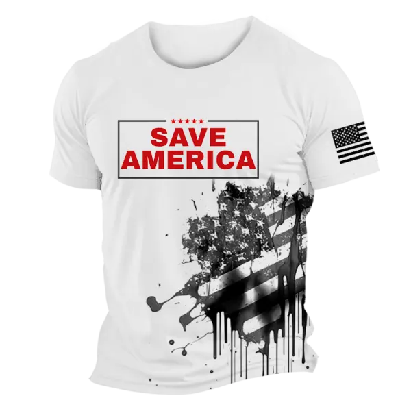 Men's Vintage Save American Flag 4th Of July Print Daily Short Sleeve Round Neck T-Shirt - Wayrates.com 