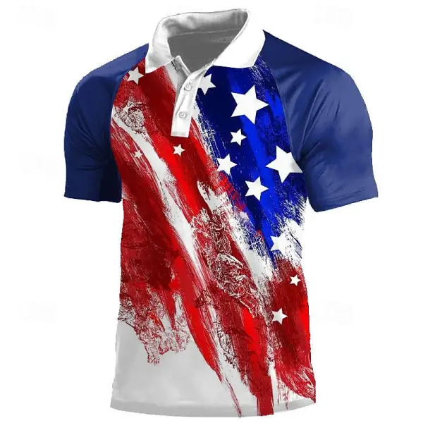 Men's Vintage America Flag July 4th Print Color Block Raglan Sleeve Short Sleeve Polo T-Shirt - Wayrates.com 